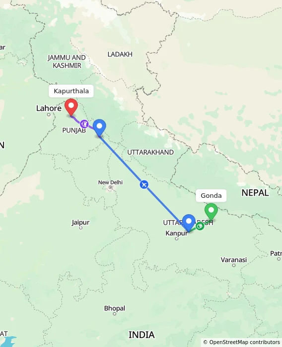 Route map showing distance and travel time from Gonda, India to Kapurthala, India