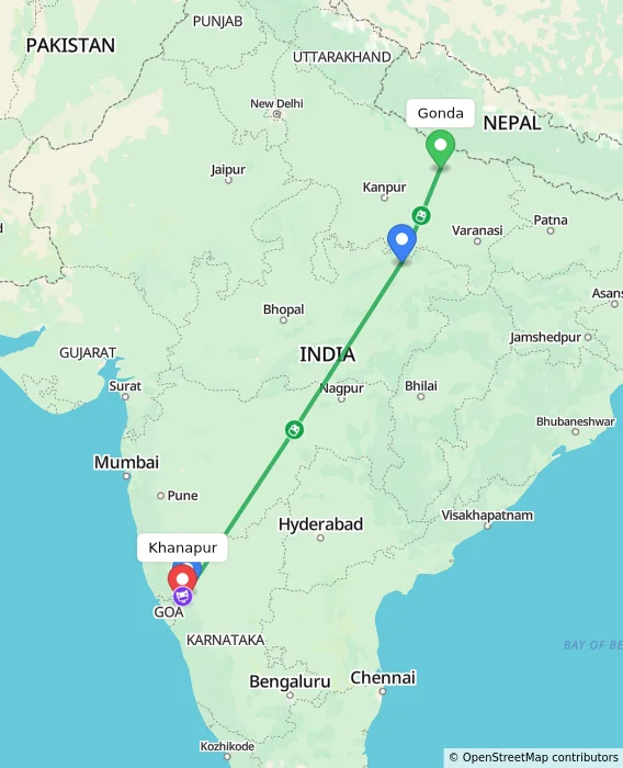 Route map showing distance and travel time from Gonda, India to Khanapur, India