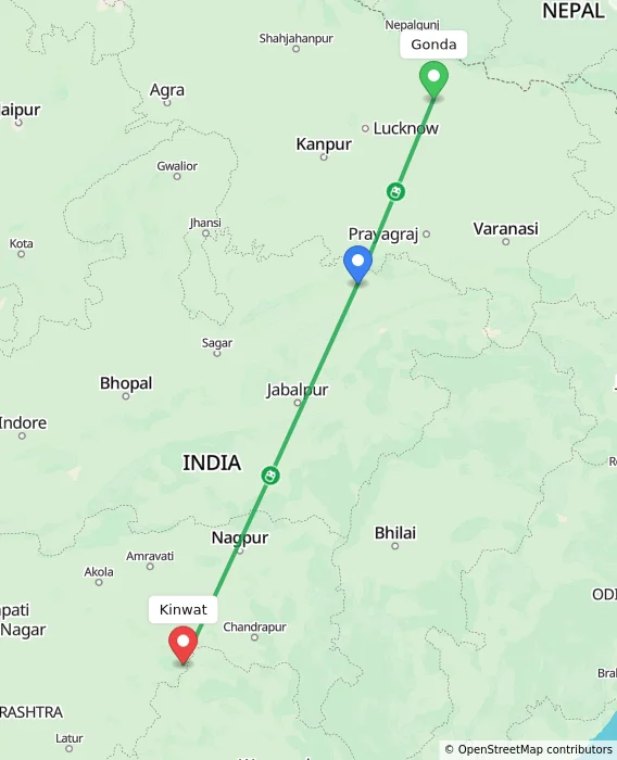 Route map showing distance and travel time from Gonda, India to Kinwat, India