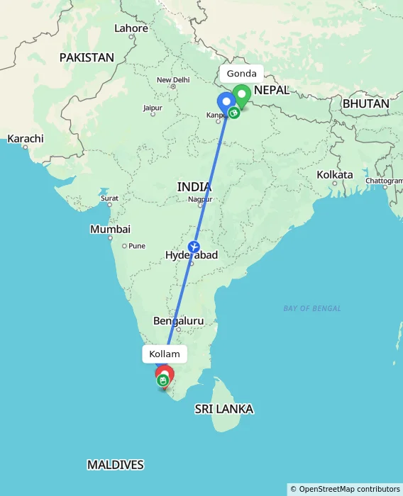Route map showing distance and travel time from Gonda, India to Kollam, India
