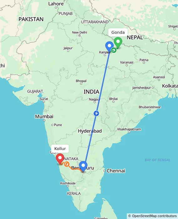 Route map showing distance and travel time from Gonda, India to Kollur, India