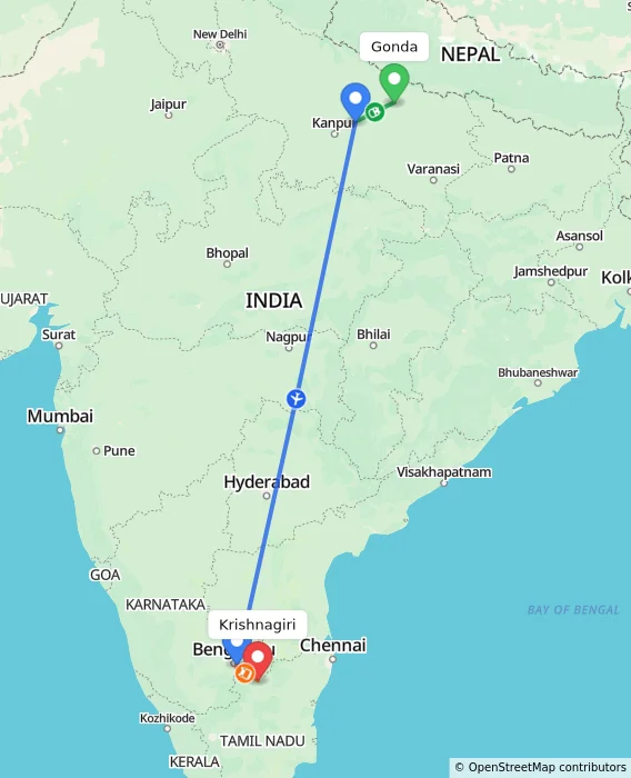 Route map showing distance and travel time from Gonda, India to Krishnagiri, India