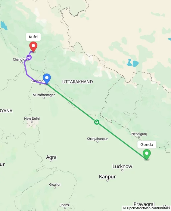 Route map showing distance and travel time from Gonda, India to Kufri, India
