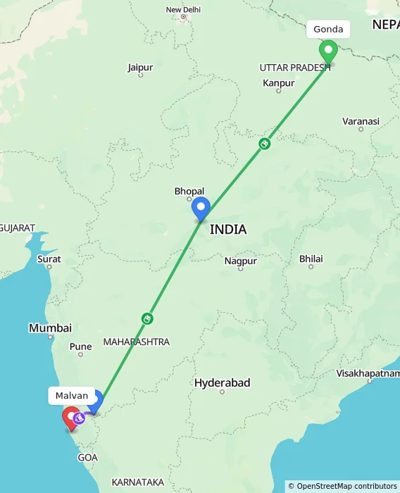 Route map showing distance and travel time from Gonda, India to Malvan, India