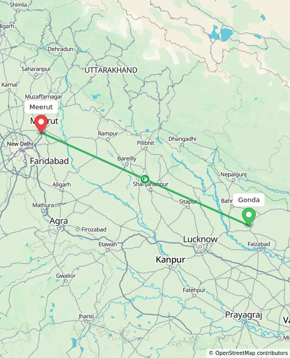 Route map showing distance and travel time from Gonda, India to Meerut, India