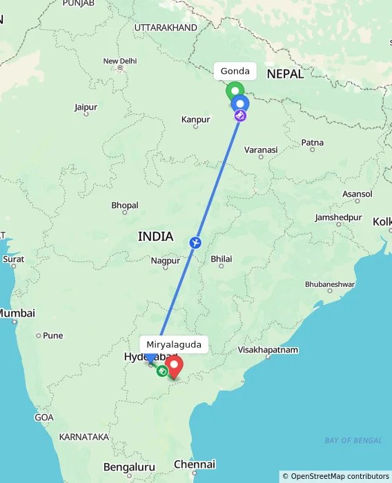 Route map showing distance and travel time from Gonda, India to Miryalaguda, India