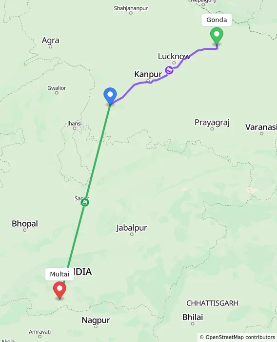 Route map showing distance and travel time from Gonda, India to Multai, India