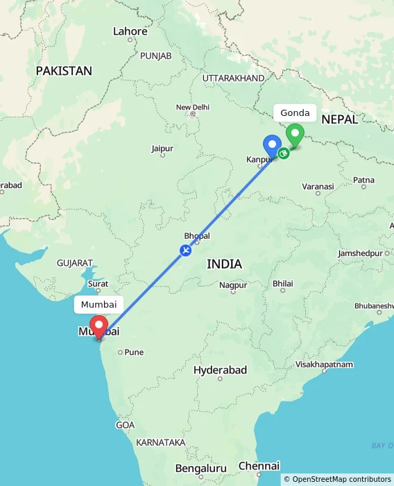 Route map showing distance and travel time from Gonda, India to Mumbai, India