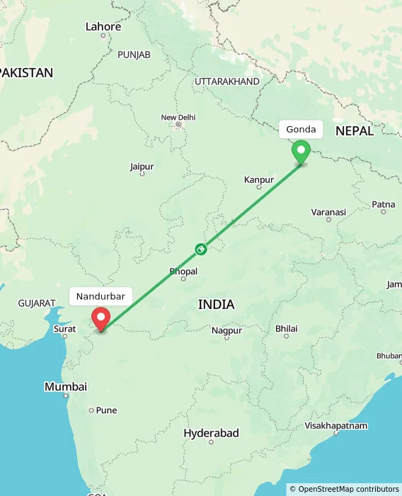 Route map showing distance and travel time from Gonda, India to Nandurbar, India