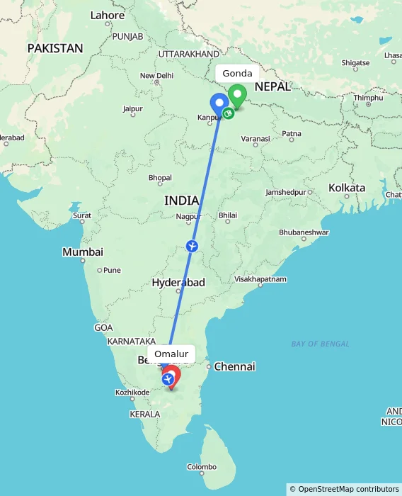 Route map showing distance and travel time from Gonda, India to Omalur, India