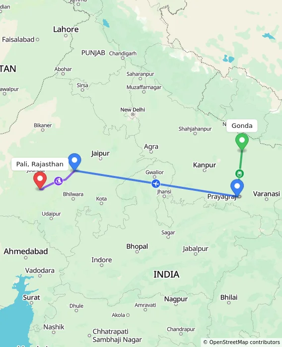 Route map showing distance and travel time from Gonda, India to Pali, Rajasthan, India