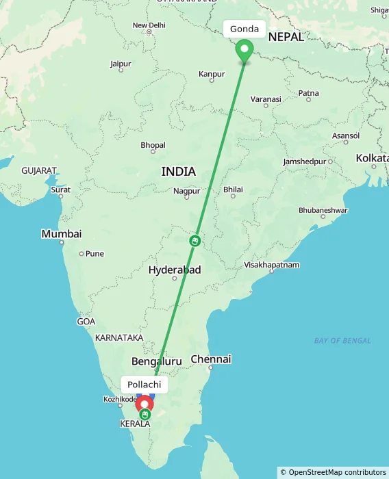 Route map showing distance and travel time from Gonda, India to Pollachi, India