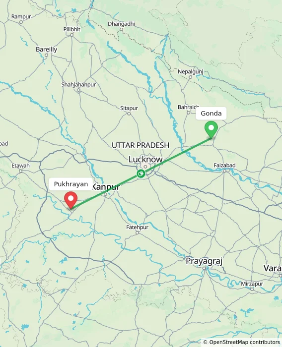 Route map showing distance and travel time from Gonda, India to Pukhrayan, India