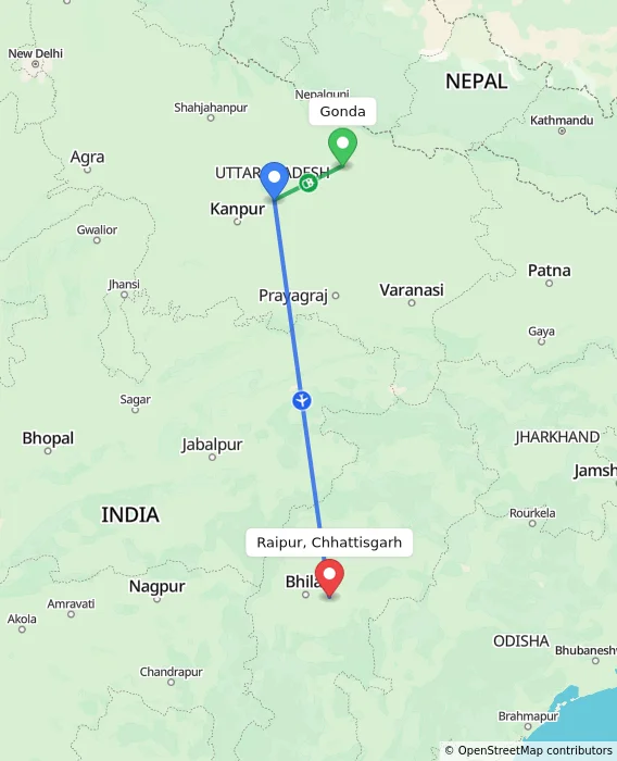 Route map showing distance and travel time from Gonda, India to Raipur, Chhattisgarh, India