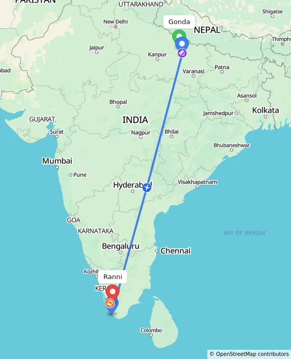 Route map showing distance and travel time from Gonda, India to Ranni, India