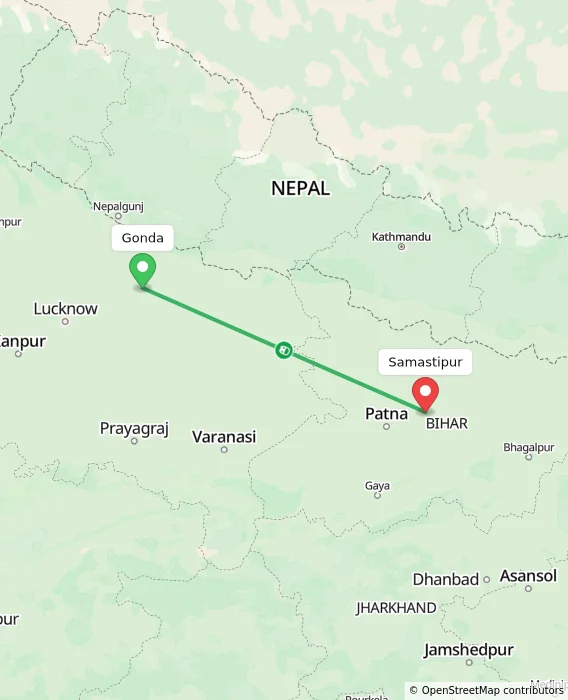 Route map showing distance and travel time from Gonda, India to Samastipur, India