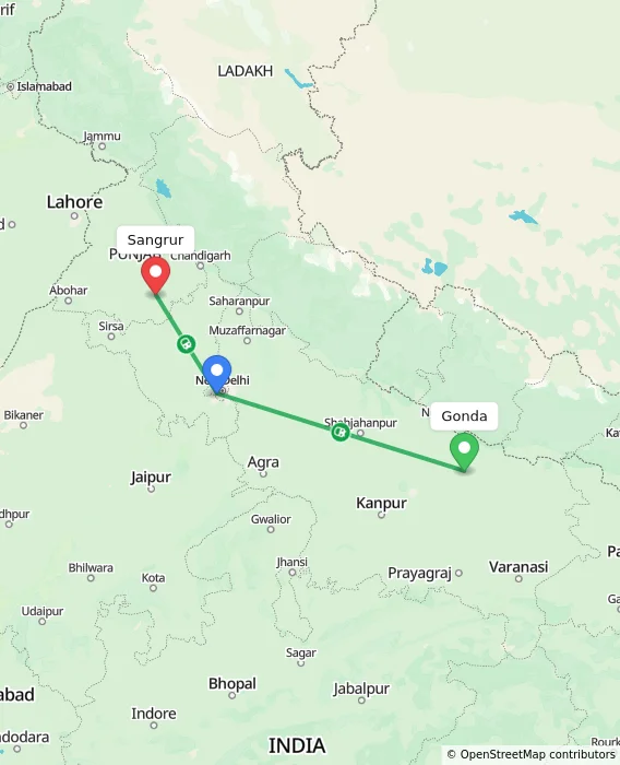 Route map showing distance and travel time from Gonda, India to Sangrur, India
