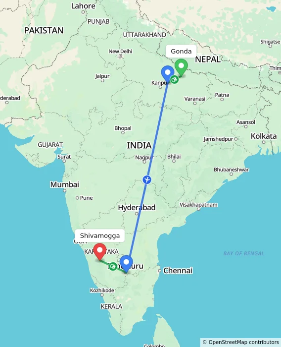 Route map showing distance and travel time from Gonda, India to Shivamogga, India