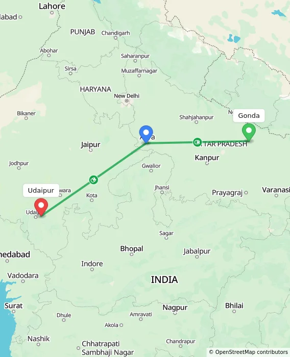 Route map showing distance and travel time from Gonda, India to Udaipur, India