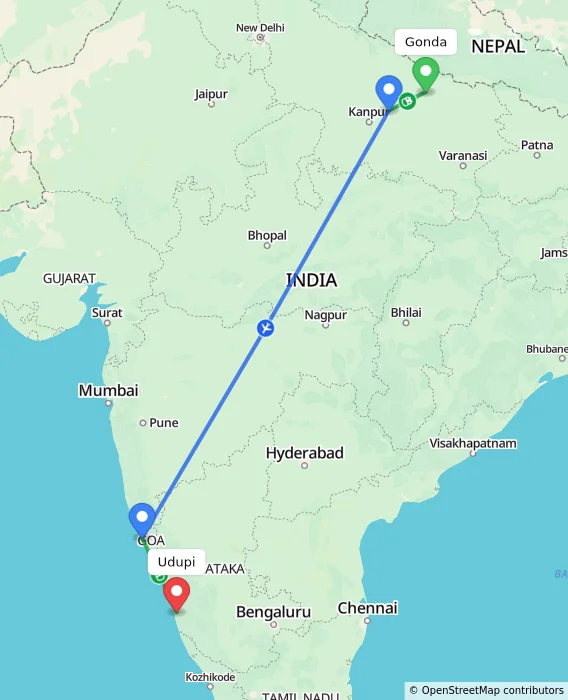 Route map showing distance and travel time from Gonda, India to Udupi, India