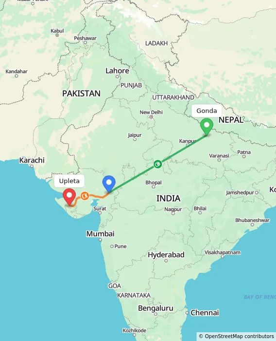 Route map showing distance and travel time from Gonda, India to Upleta, India