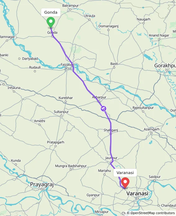 Route map showing distance and travel time from Gonda, India to Varanasi, India