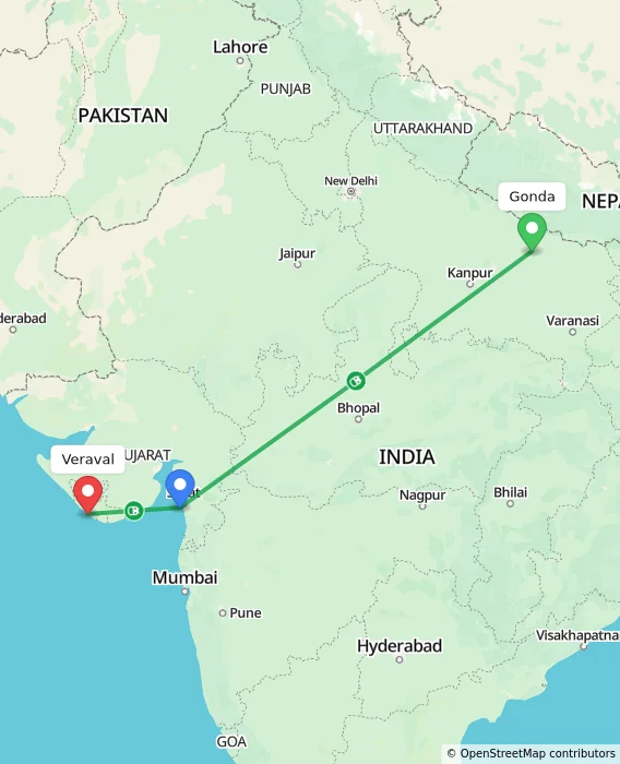 Route map showing distance and travel time from Gonda, India to Veraval, India