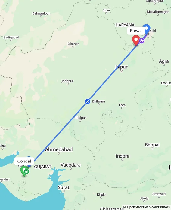 Route map showing distance and travel time from Gondal, India to Bawal, India