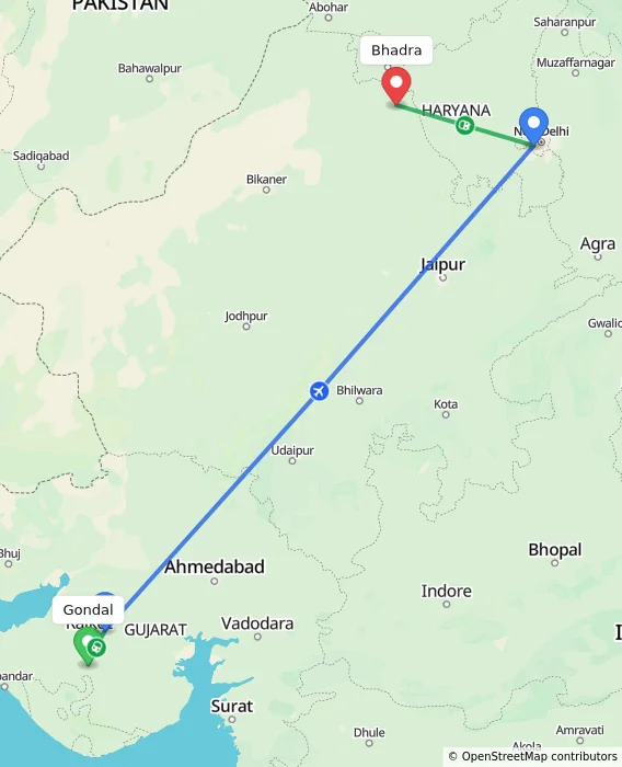 Route map showing distance and travel time from Gondal, India to Bhadra, India