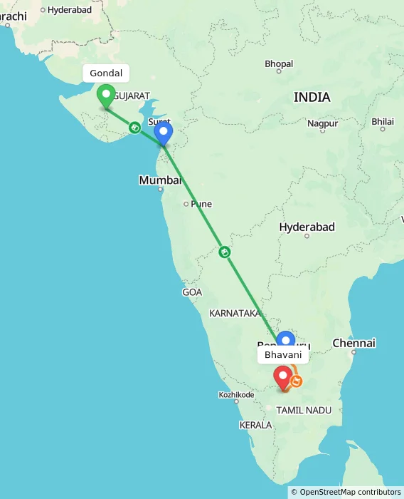 Route map showing distance and travel time from Gondal, India to Bhavani, India