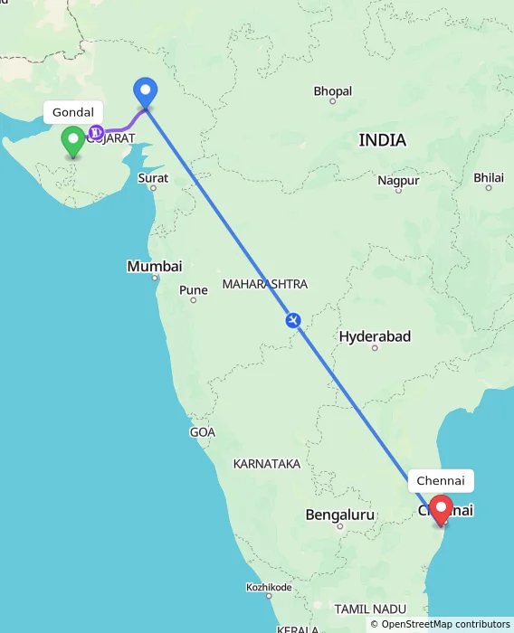 Route map showing distance and travel time from Gondal, India to Chennai, India
