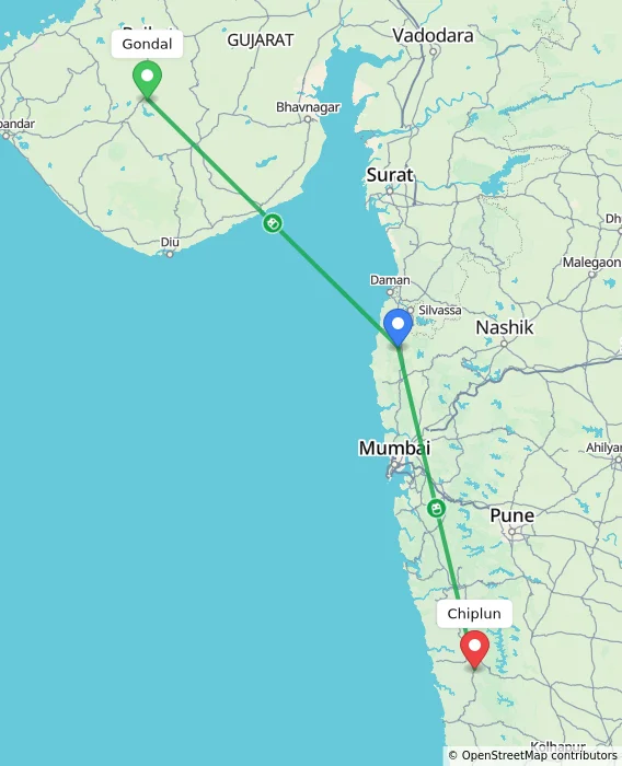 Route map showing distance and travel time from Gondal, India to Chiplun, India