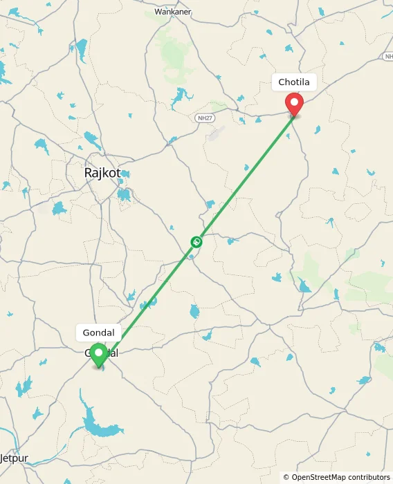 Route map showing distance and travel time from Gondal, India to Chotila, India