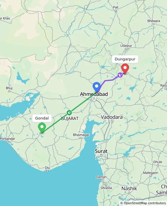 Route map showing distance and travel time from Gondal, India to Dungarpur, India