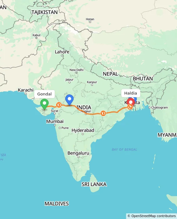 Route map showing distance and travel time from Gondal, India to Haldia, India