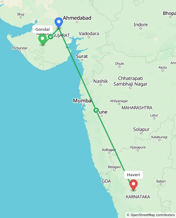 Route map showing distance and travel time from Gondal, India to Haveri, India