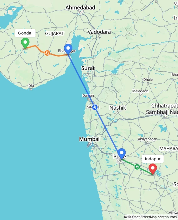 Route map showing distance and travel time from Gondal, India to Indapur, India