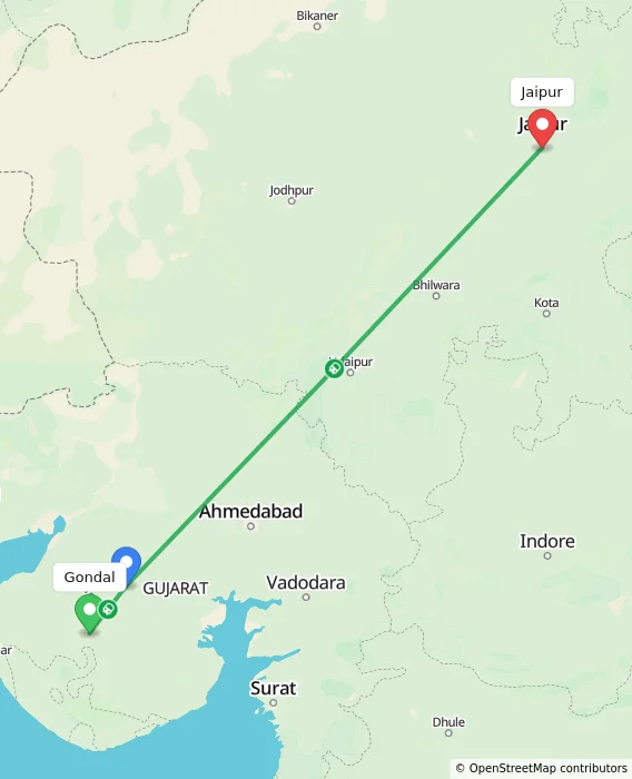 Route map showing distance and travel time from Gondal, India to Jaipur, India