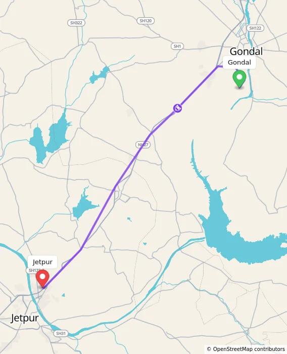 Route map showing distance and travel time from Gondal, India to Jetpur, India