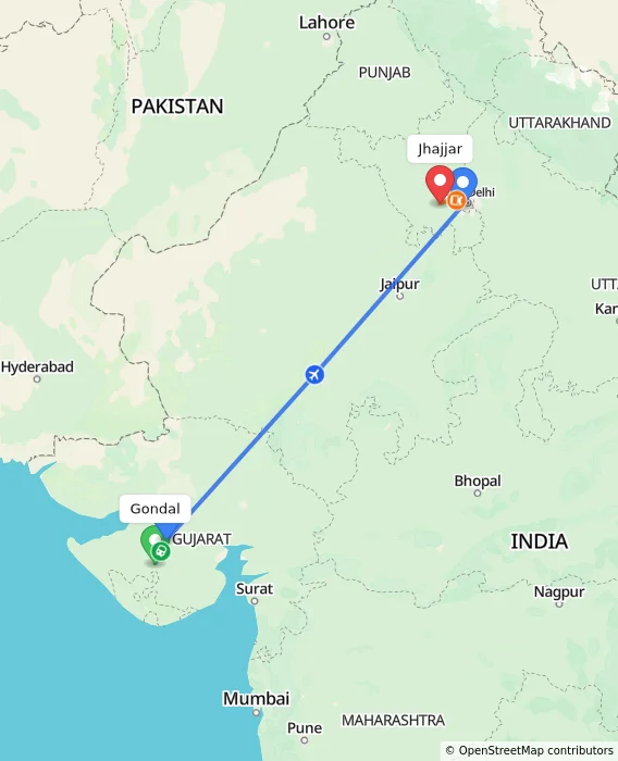 Route map showing distance and travel time from Gondal, India to Jhajjar, India