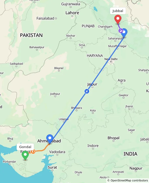 Route map showing distance and travel time from Gondal, India to Jubbal, India