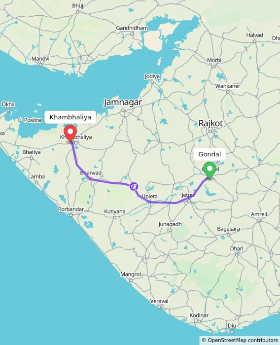 Route map showing distance and travel time from Gondal, India to Khambhaliya, India