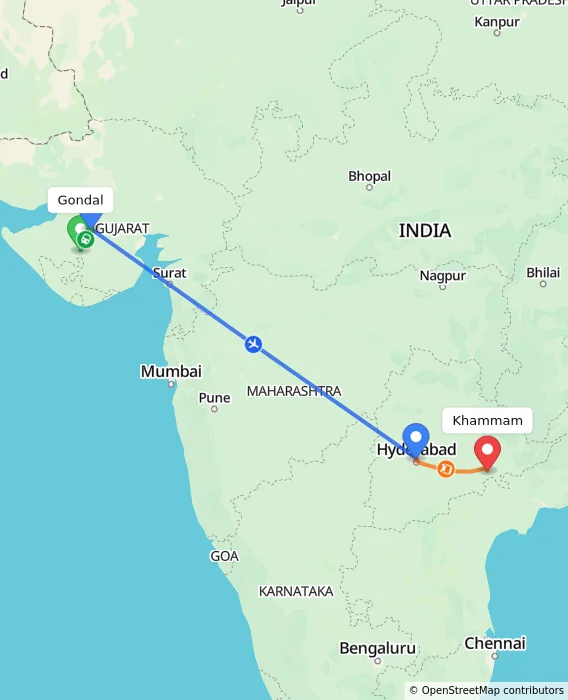 Route map showing distance and travel time from Gondal, India to Khammam, India