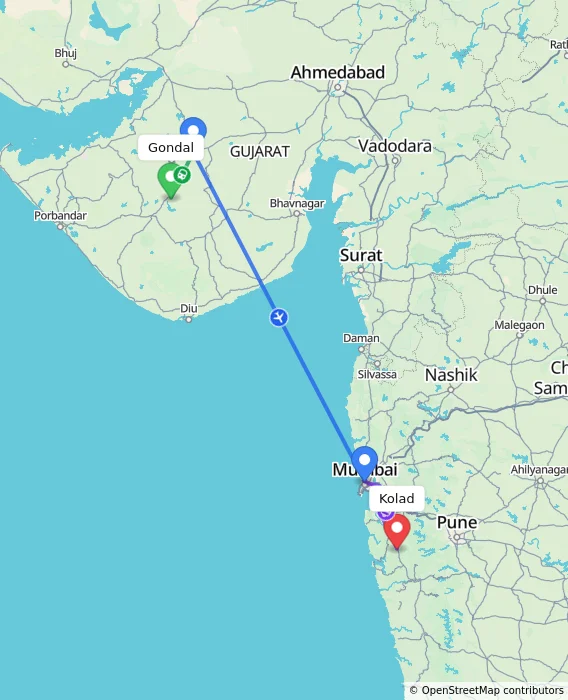 Route map showing distance and travel time from Gondal, India to Kolad, India