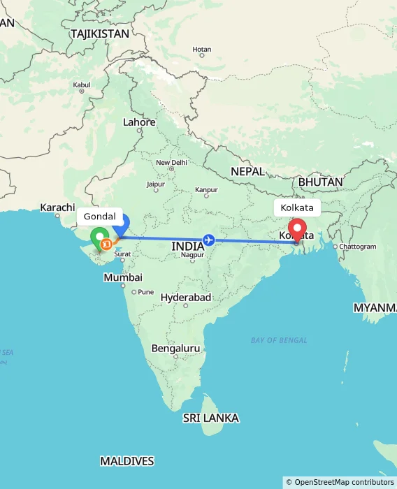 Route map showing distance and travel time from Gondal, India to Kolkata, India