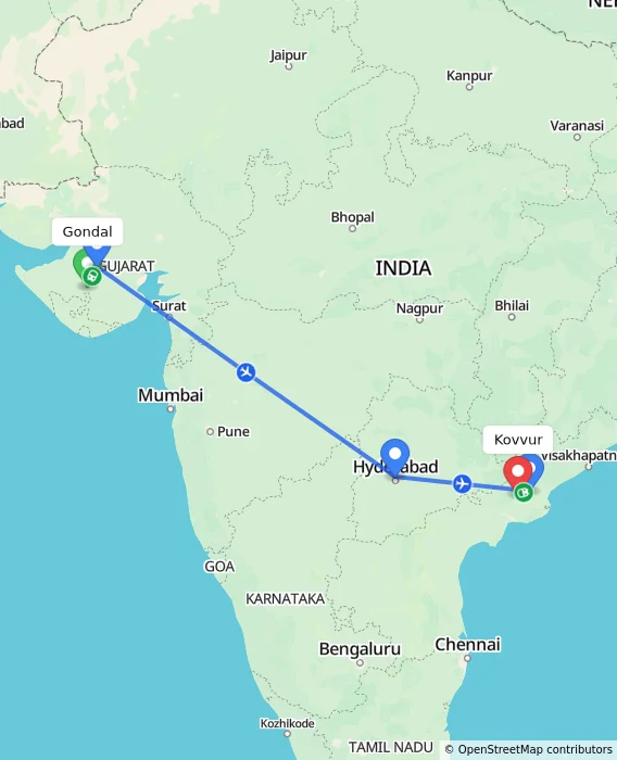 Route map showing distance and travel time from Gondal, India to Kovvur, India