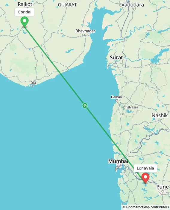 Route map showing distance and travel time from Gondal, India to Lonavala, India