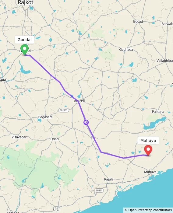 Route map showing distance and travel time from Gondal, India to Mahuva, India