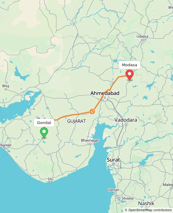 Route map showing distance and travel time from Gondal, India to Modasa, India