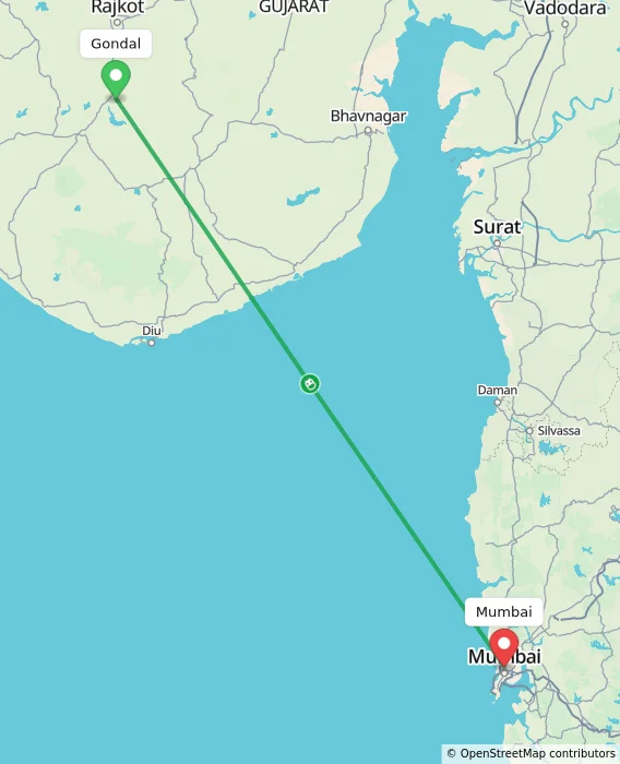 Route map showing distance and travel time from Gondal, India to Mumbai, India